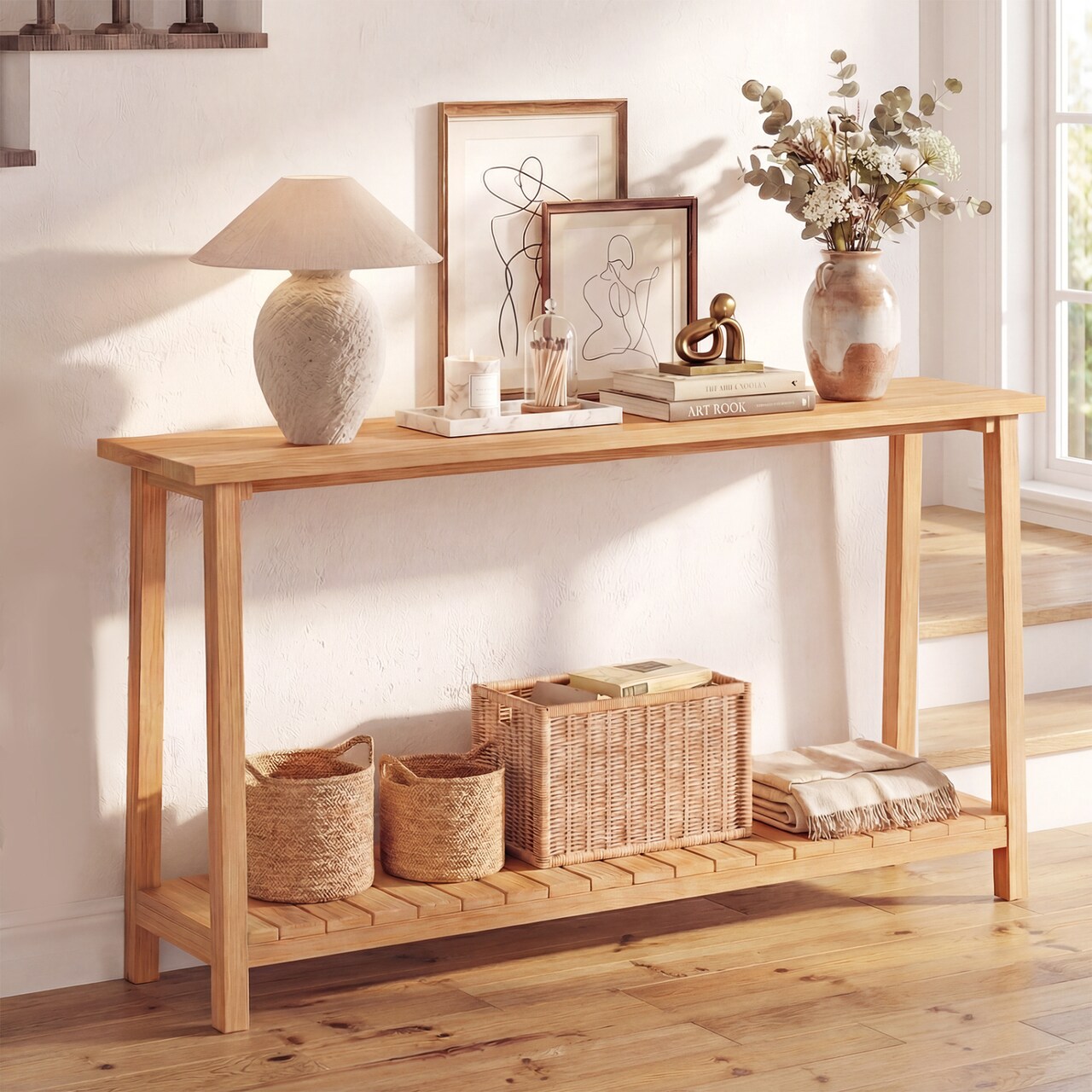 Natural Teak Wood 2-Tier Console Table Farmhouse Sofa and Entryway Table